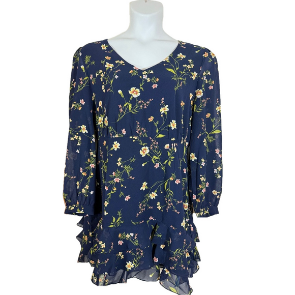 Cupshe Dark Blue Floral Long Sleeves Chiffon Tiered Ruffle Mini Dress SKU 0020 - Picture 3 of 13